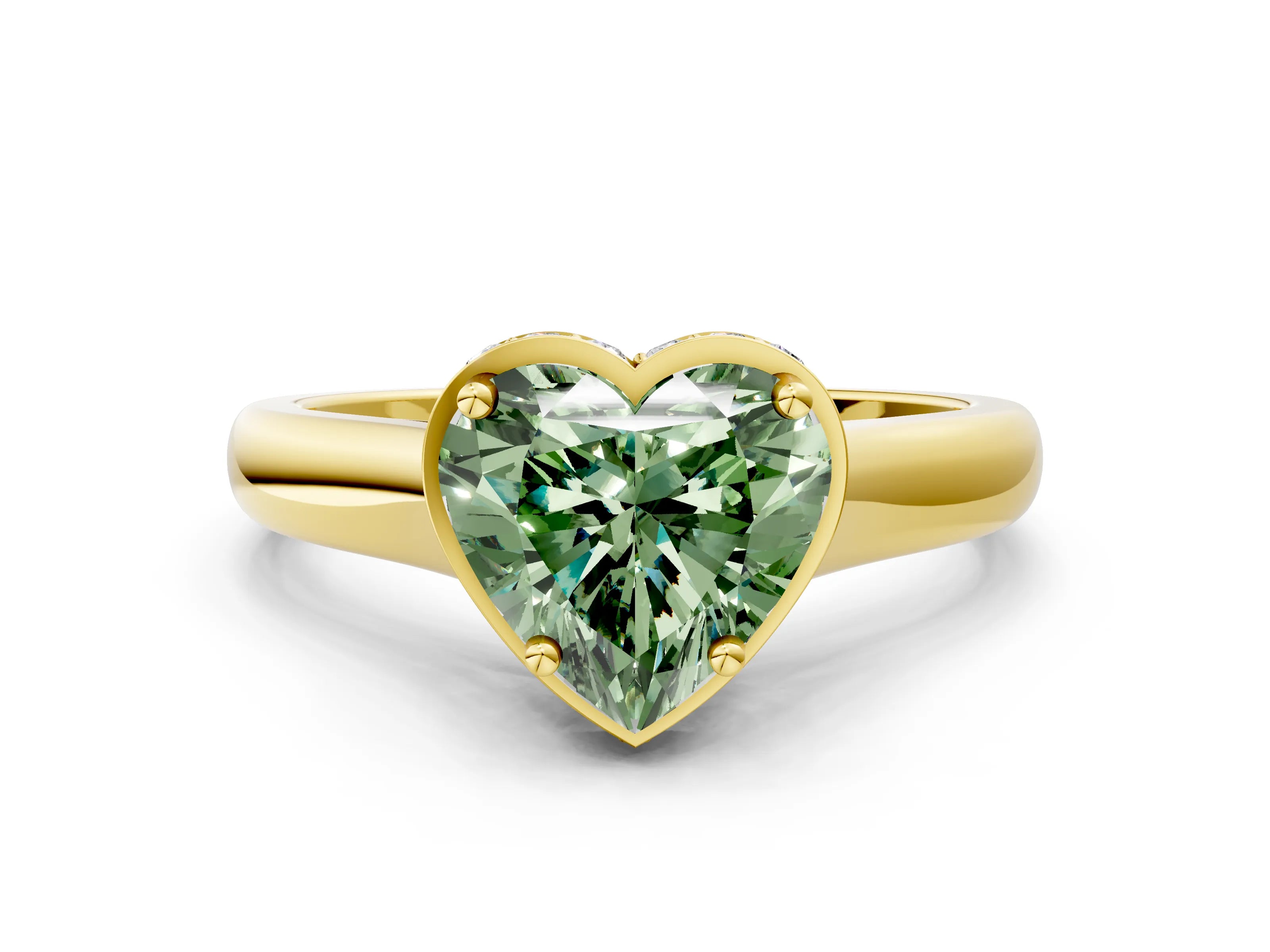 Yellow gold Fancy Green Heart Cut Solitaire Diamond Engagement Ring with Four-Prong Setting and Tapered Band