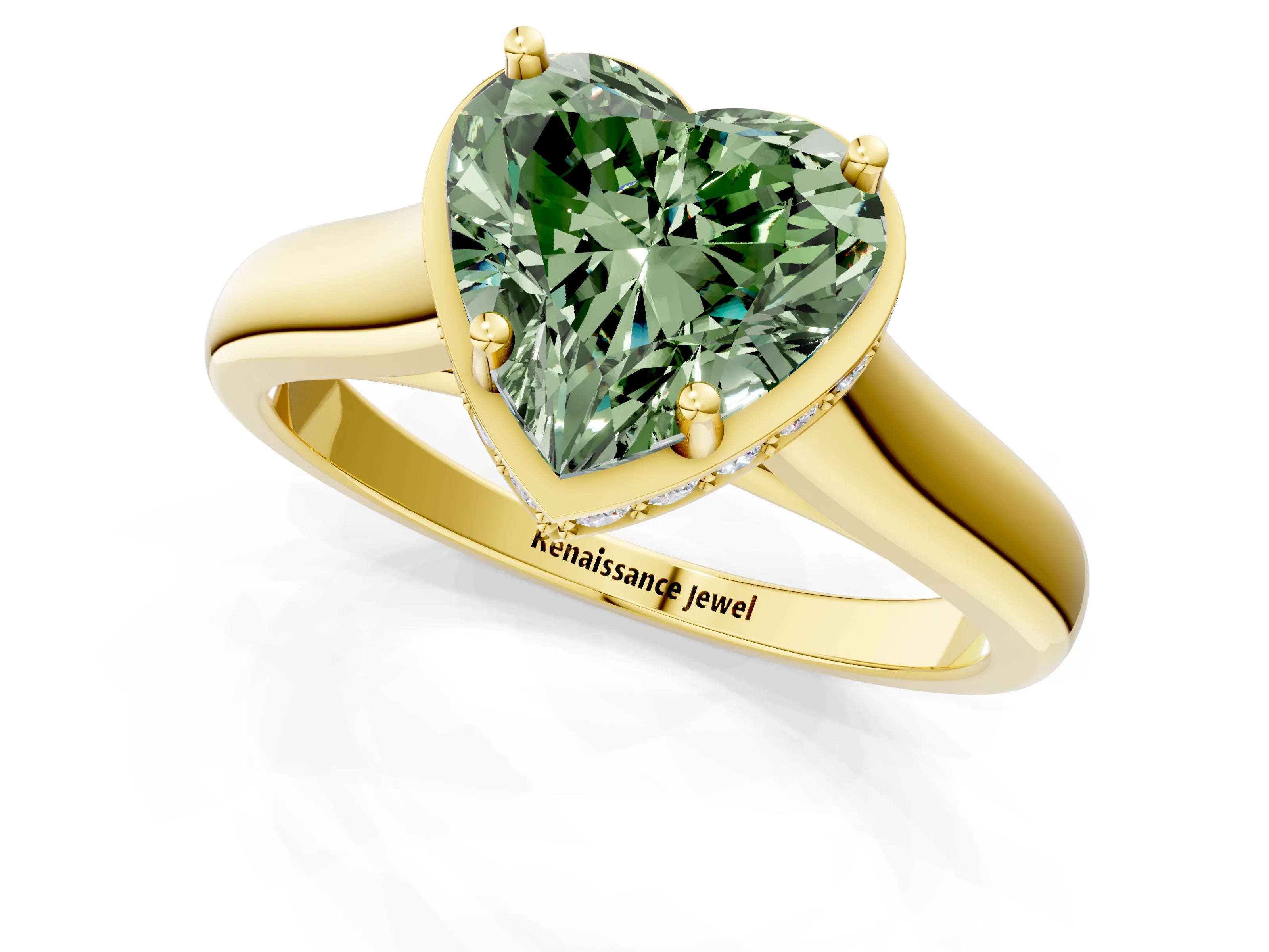 Yellow gold Fancy Green Heart Cut Solitaire Diamond Engagement Ring with Four-Prong Setting and Tapered Band_1