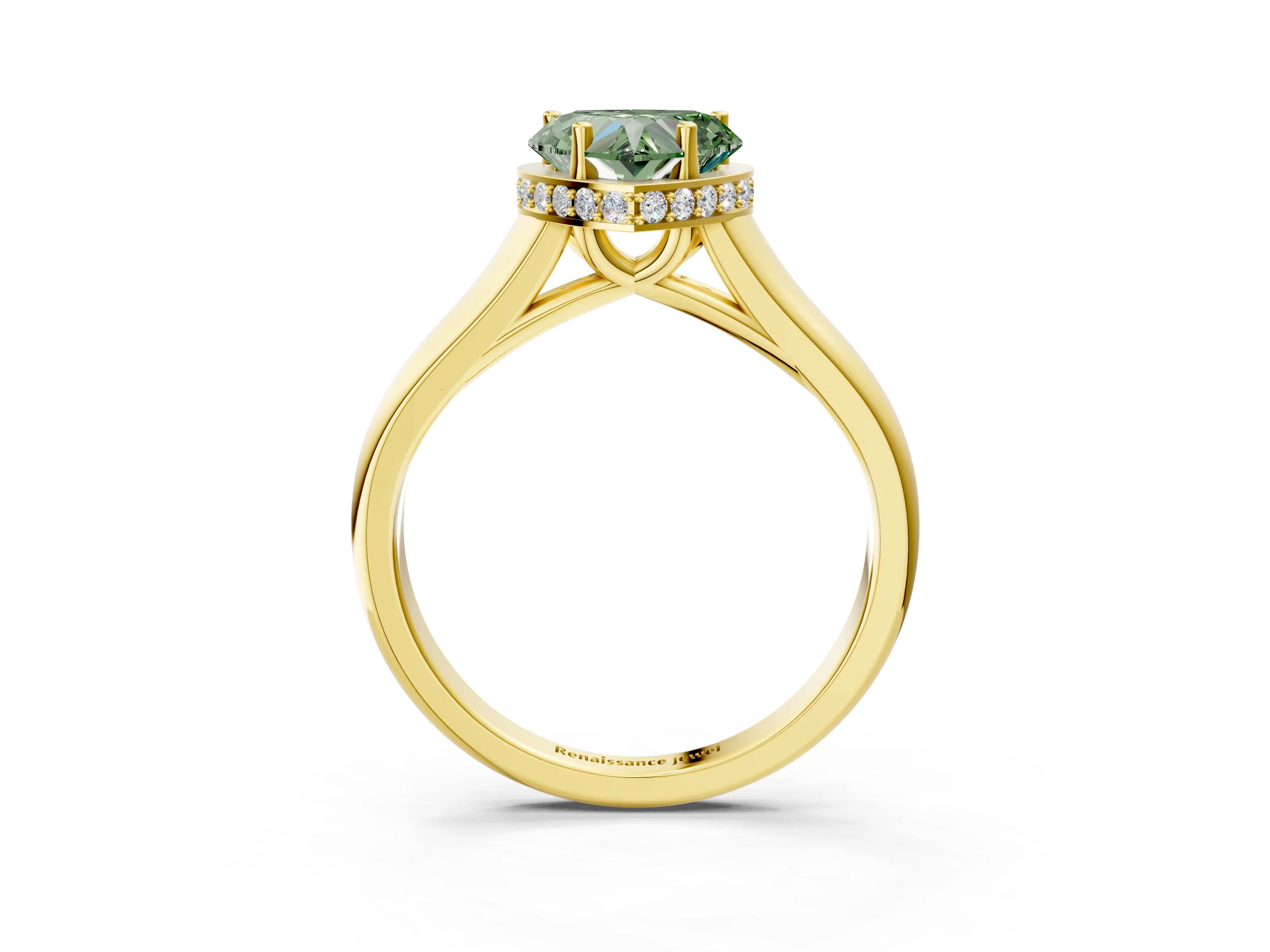 Yellow gold Fancy Green Heart Cut Solitaire Diamond Engagement Ring with Four-Prong Setting and Tapered Band_3
