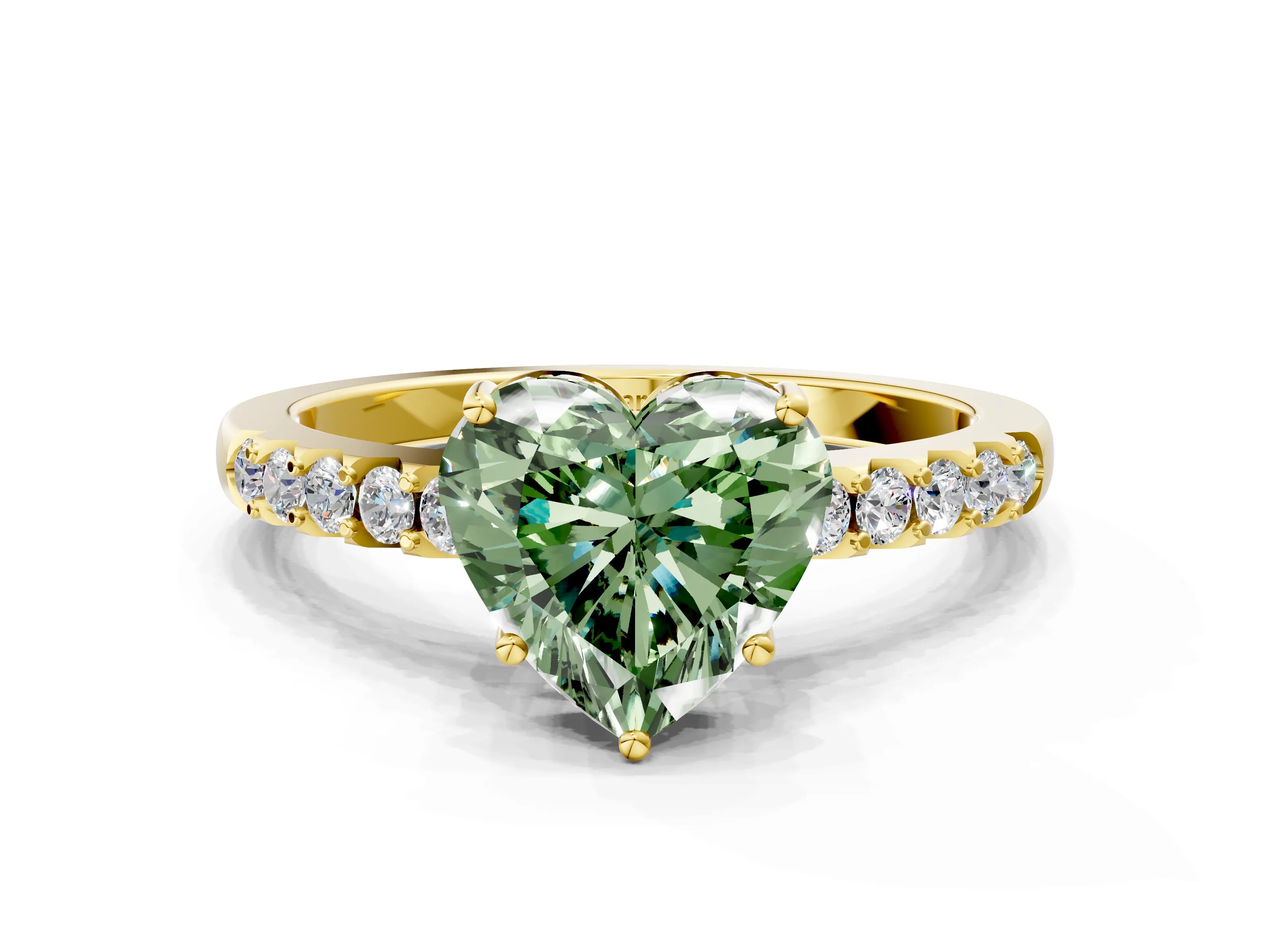 Yellow gold Fancy Green Heart Cut Solitaire Diamond Engagement Ring with Pavé Band and Six-Prong Setting_12