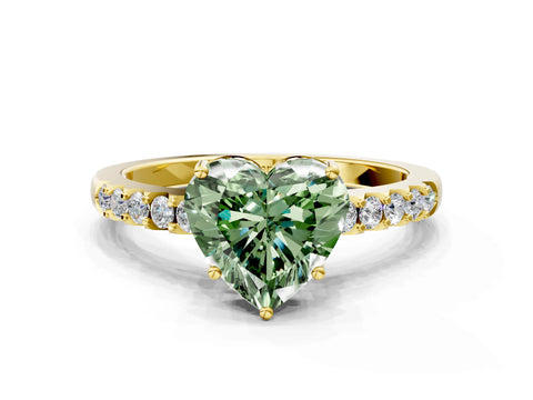 Yellow gold Fancy Green Heart Cut Solitaire Diamond Engagement Ring with Pavé Band and Six-Prong Setting_12