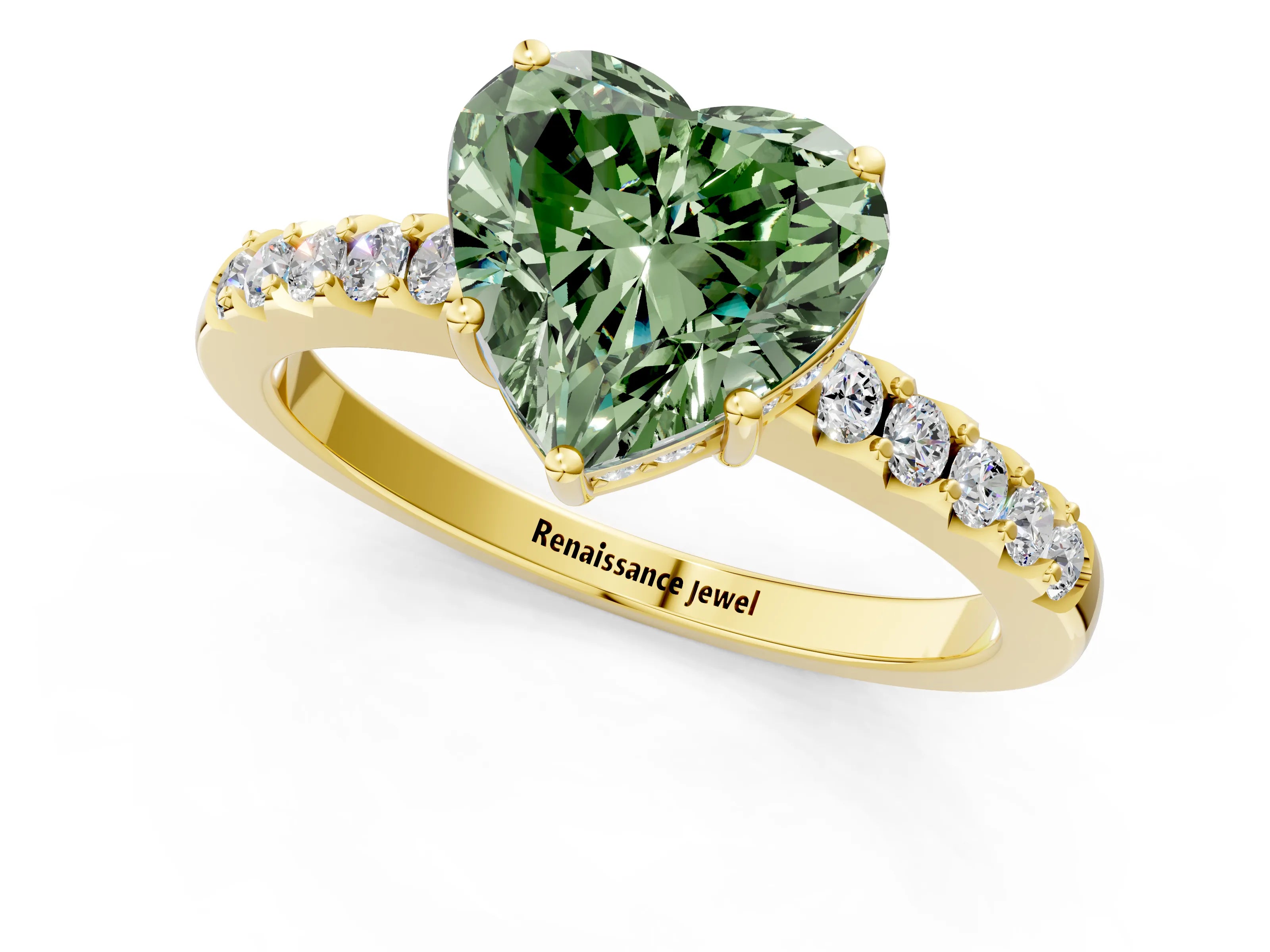 Yellow gold Fancy Green Heart Cut Solitaire Diamond Engagement Ring with Pavé Band and Six-Prong Setting_13