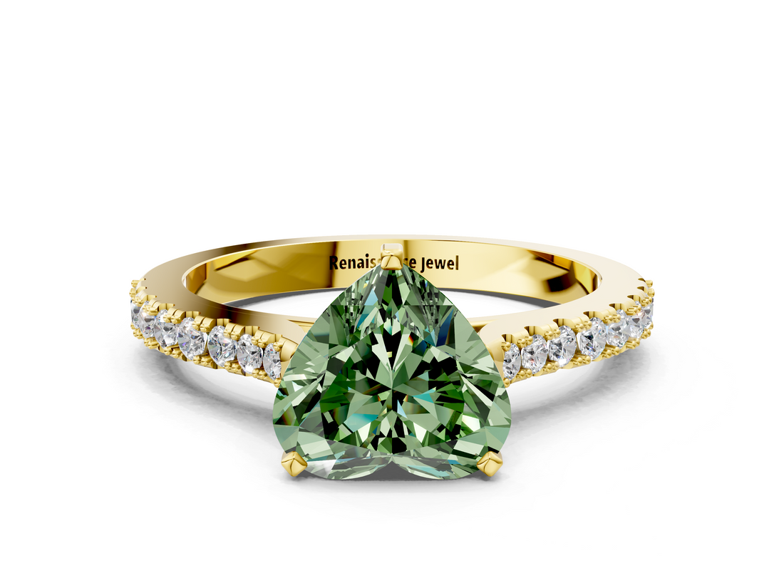 Yellow gold Fancy Green Heart  Cut Solitaire Diamond Engagement Ring with Pave Band and Four-Prong Setting