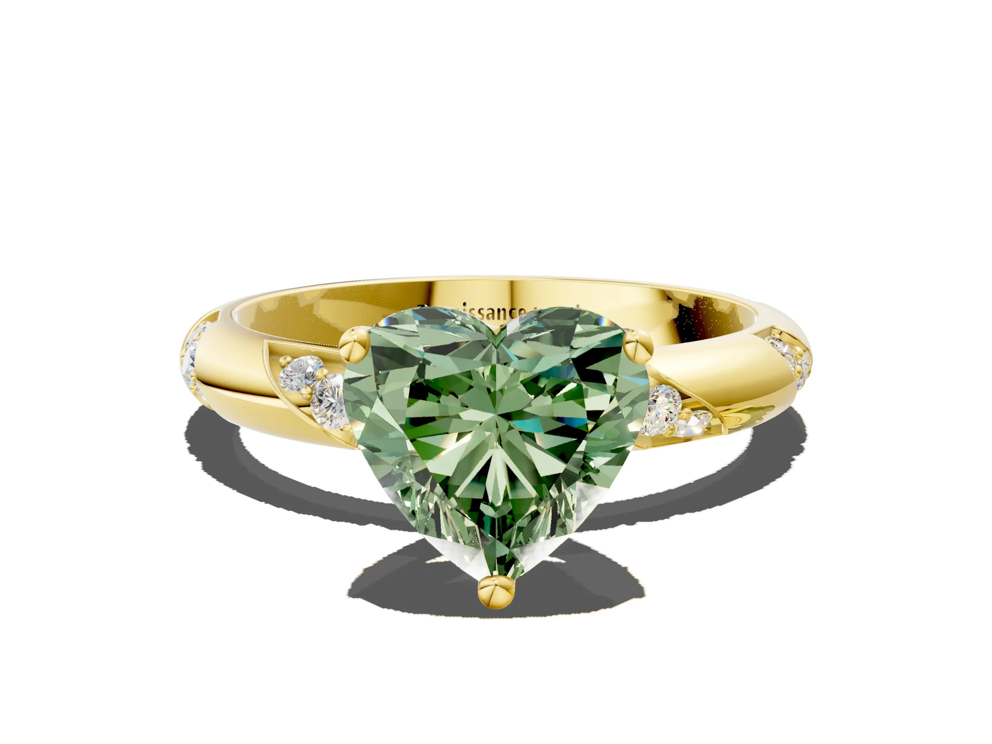 Yellow gold Fancy Green Heart Cut Solitaire Diamond Engagement Ring with Twisted Pave Band and Four-Prong Setting_3