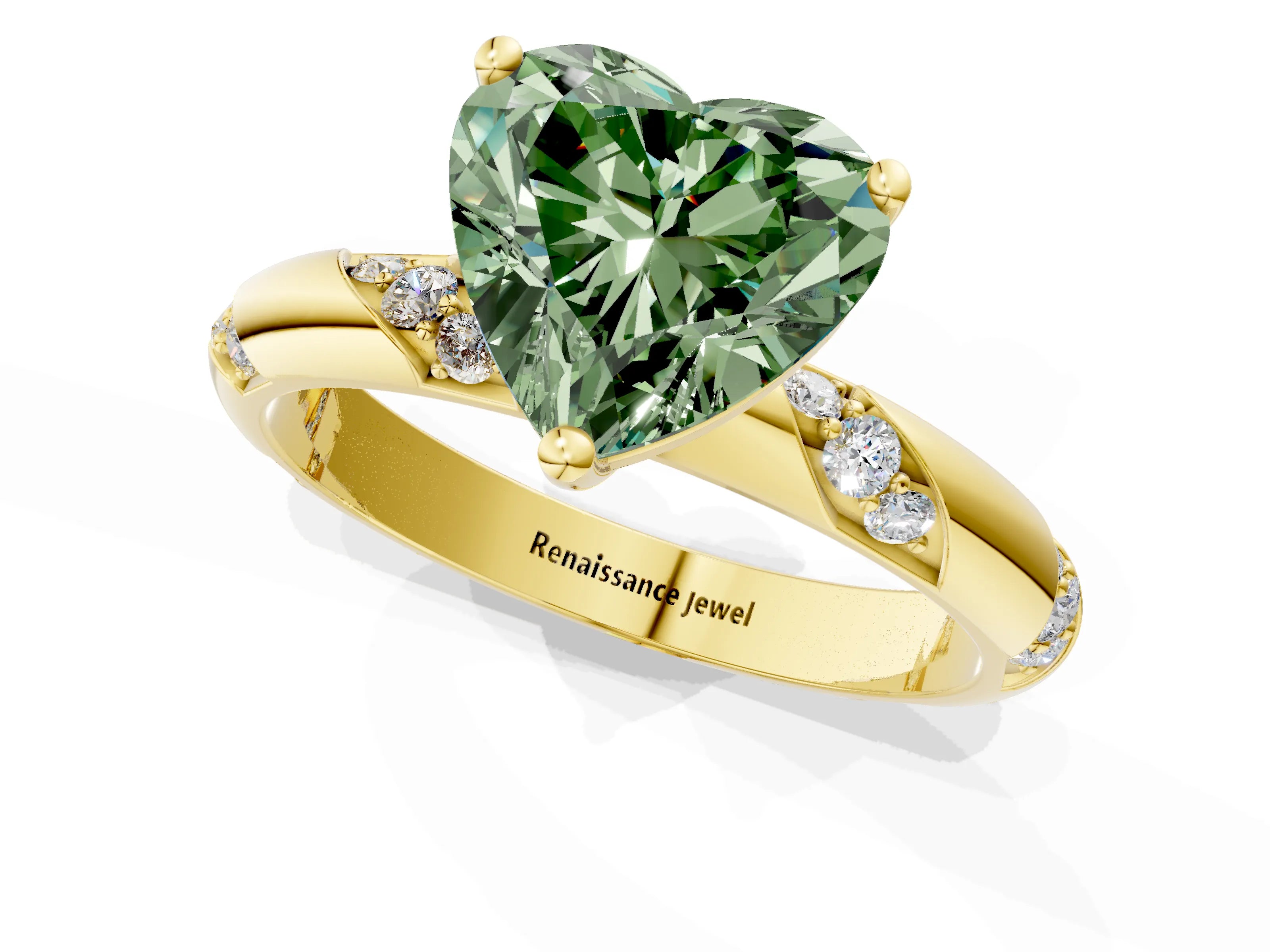 Yellow gold Fancy Green Heart Cut Solitaire Diamond Engagement Ring with Twisted Pave Band and Four-Prong Setting_4