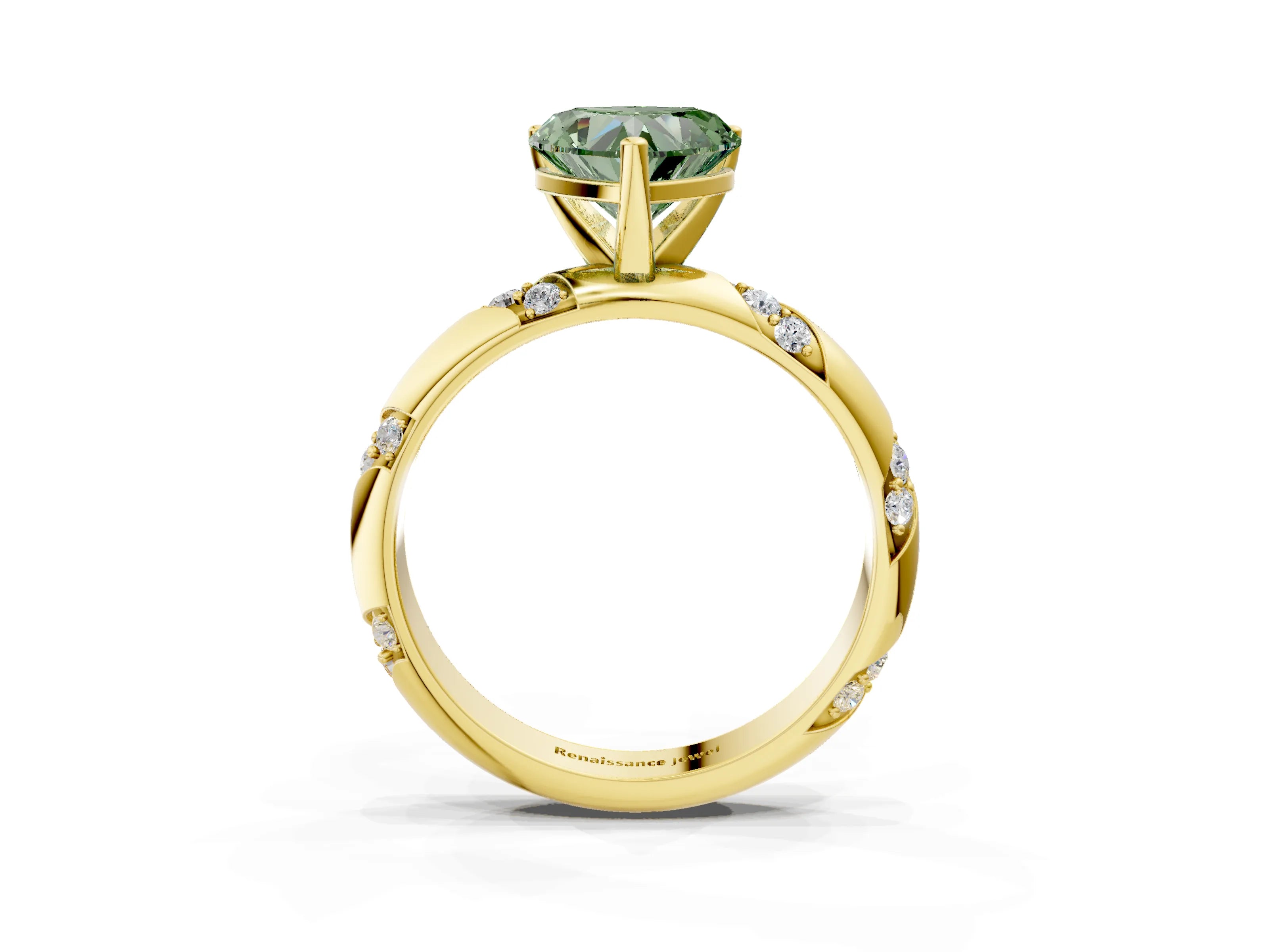 Yellow gold Fancy Green Heart Cut Solitaire Diamond Engagement Ring with Twisted Pave Band and Four-Prong Setting_6