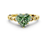 Yellow gold Fancy Green Heart Cut Solitaire Diamond Ring with Infinity Twist Band and Four-Prong Setting