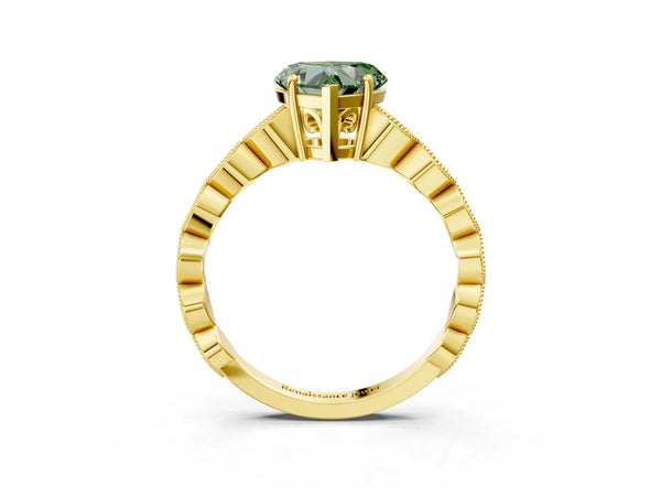 Yellow gold Fancy Green Heart Cut Solitaire Diamond Ring with Infinity Twist Band and Four-Prong Setting