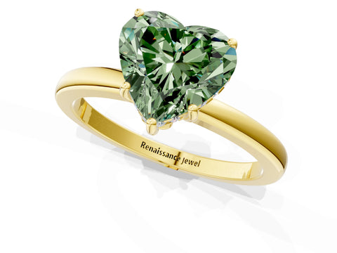 Yellow gold Fancy Green Heart Cut Solitaire Diamond Ring with Prong Setting and Plain Band_1
