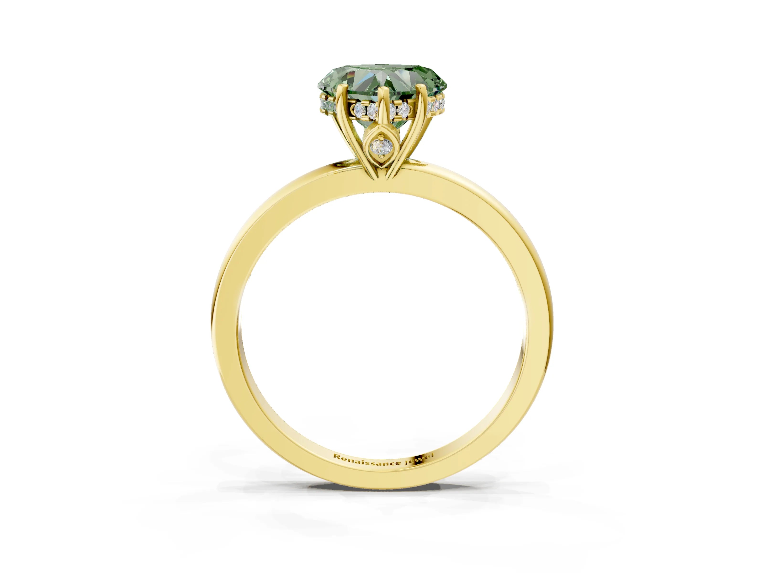 Yellow gold Fancy Green Heart Cut Solitaire Diamond Ring with Prong Setting and Plain Band_3