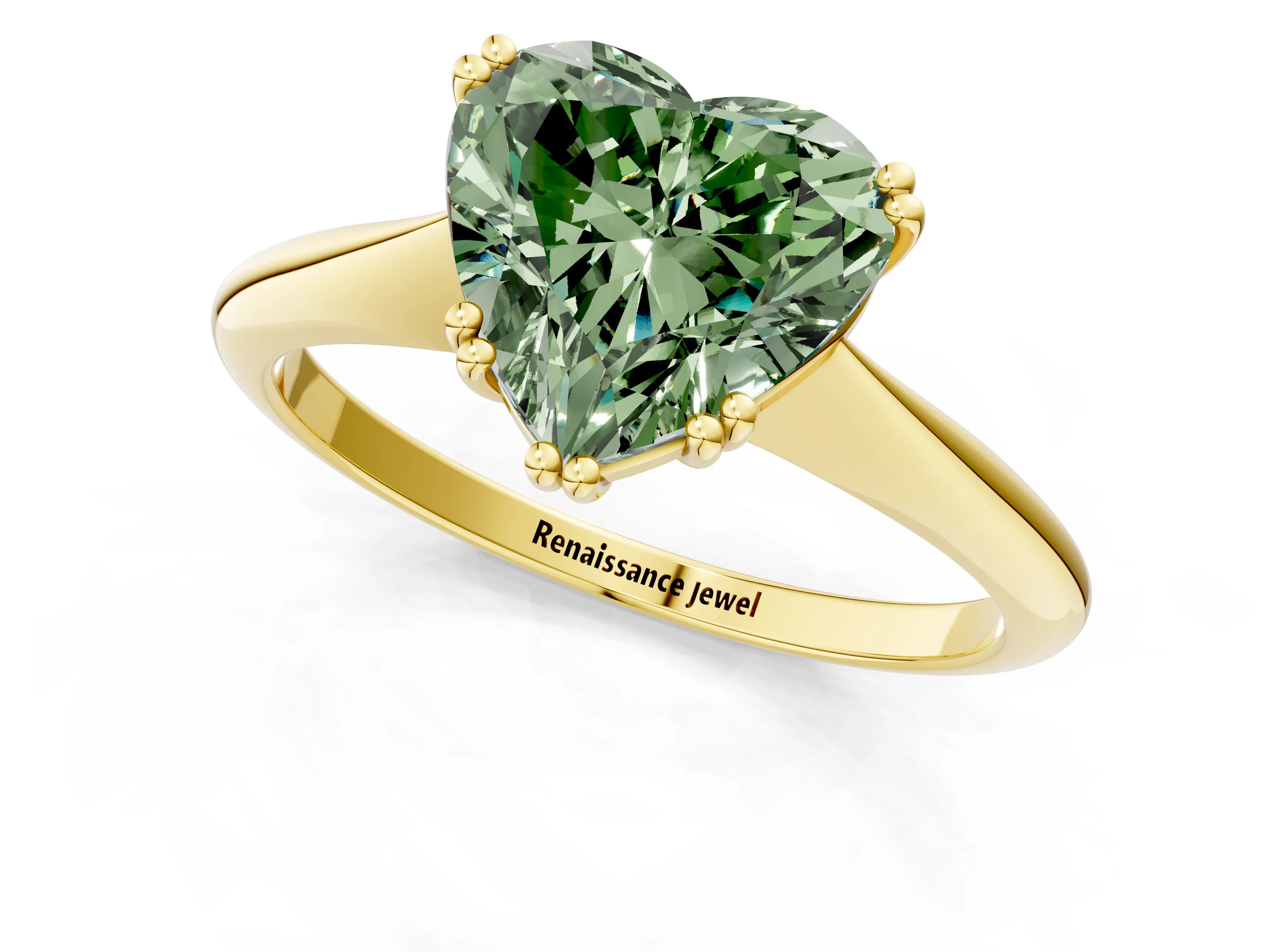 Yellow gold Fancy Green Heart Cut Solitaire Diamond Ring with Six-Prong Setting and Classic Band_1