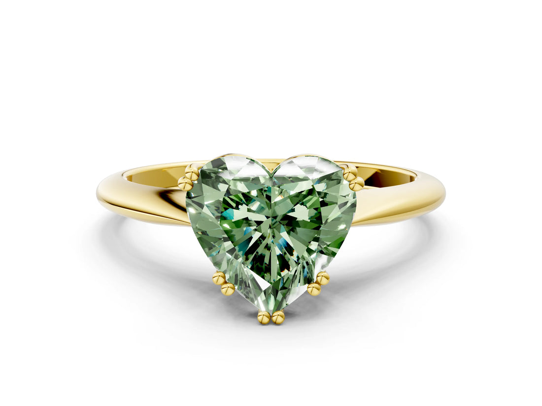 Yellow gold Fancy Green Heart Cut Solitaire Diamond Ring with Six-Prong Setting and Classic Band_12