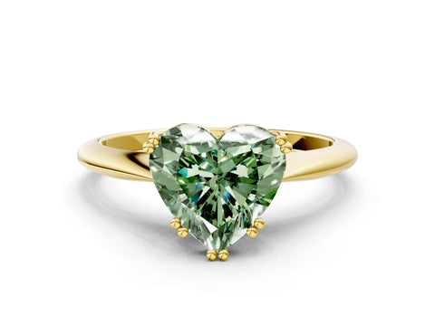 Yellow gold Fancy Green Heart Cut Solitaire Diamond Ring with Six-Prong Setting and Classic Band