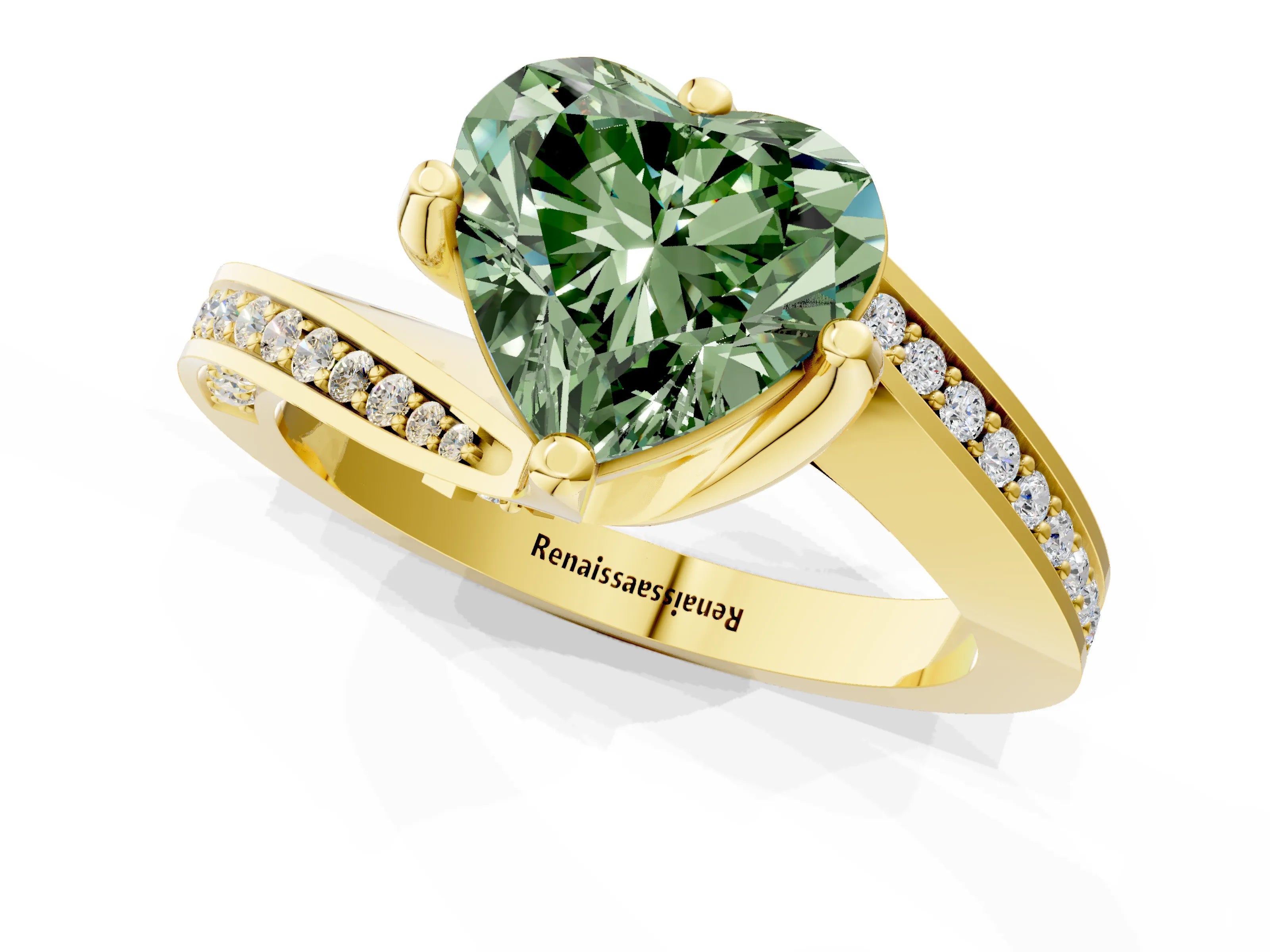 Yellow gold Fancy Green Heart Cut Solitaire Diamond Twist Band with Pavé Setting and Four-Prong Setting_1