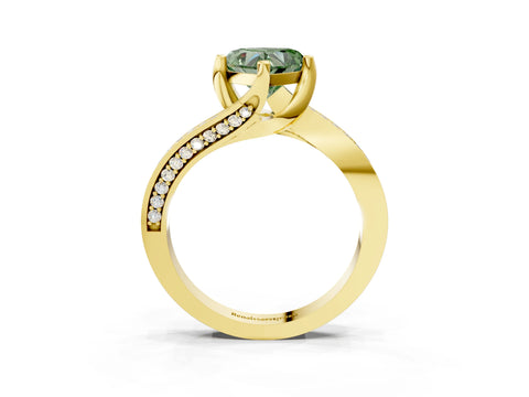 Yellow gold Fancy Green Heart Cut Solitaire Diamond Twist Band with Pavé Setting and Four-Prong Setting_3