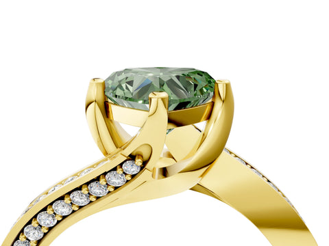 Yellow gold Fancy Green Heart Cut Solitaire Diamond Twist Band with Pavé Setting and Four-Prong Setting_4