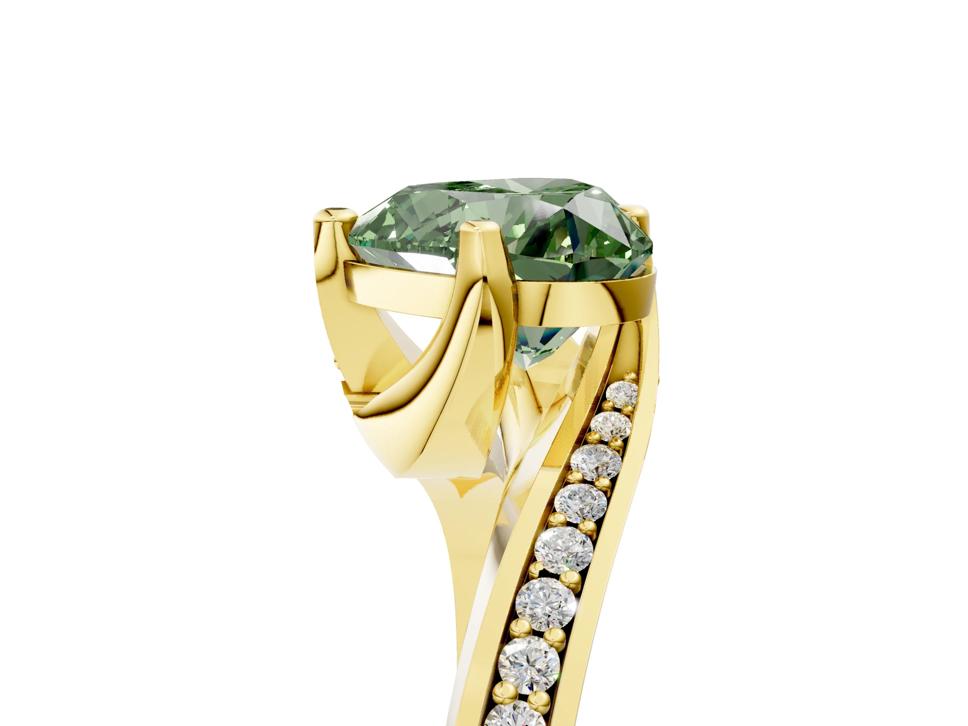 Yellow gold Fancy Green Heart Cut Solitaire Diamond Twist Band with Pavé Setting and Four-Prong Setting_5