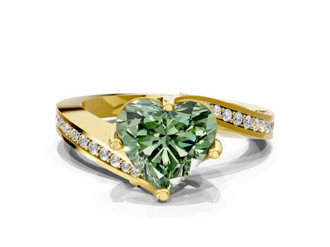 Yellow gold Fancy Green Heart Cut Solitaire Diamond Twist Band with Pavé Setting and Four-Prong Setting