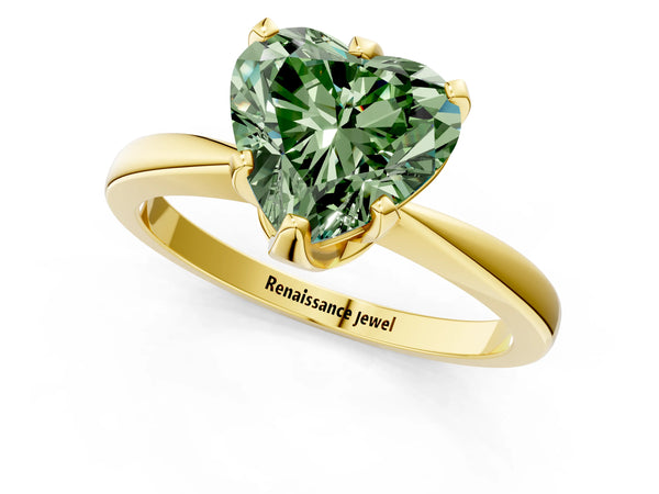Yellow gold Fancy Green Heart Cut Solitaire Engagement Ring with Six-Prong Setting and Tapered Band
