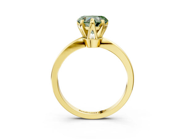 Yellow gold Fancy Green Heart Cut Solitaire Engagement Ring with Six-Prong Setting and Tapered Band