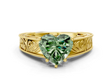 Yellow gold Fancy Green Heart  Cut Solitaire Engraved Band with Four-Prong Setting