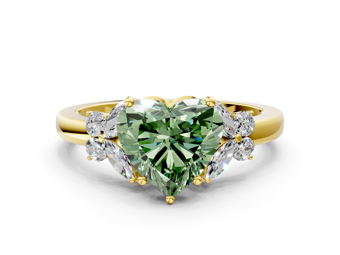 Yellow gold Fancy Green Heart  Cut Solitaire Floral Diamond Ring with Four-Prong Setting