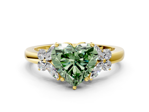 Yellow gold Fancy Green Heart  Cut Solitaire Floral Diamond Ring with Four-Prong Setting