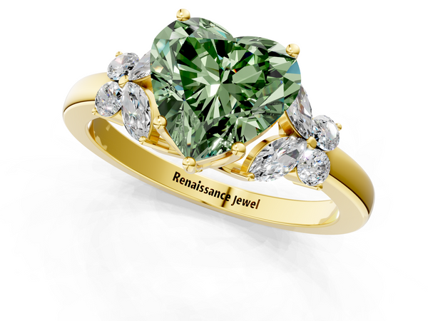 Yellow gold Fancy Green Heart  Cut Solitaire Floral Diamond Ring with Four-Prong Setting