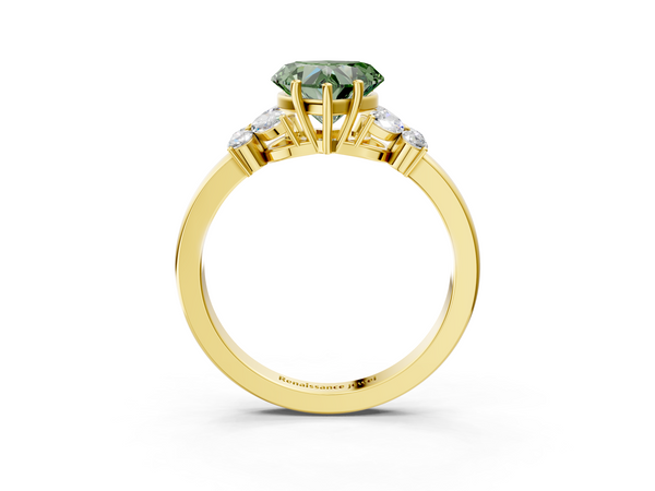 Yellow gold Fancy Green Heart  Cut Solitaire Floral Diamond Ring with Four-Prong Setting