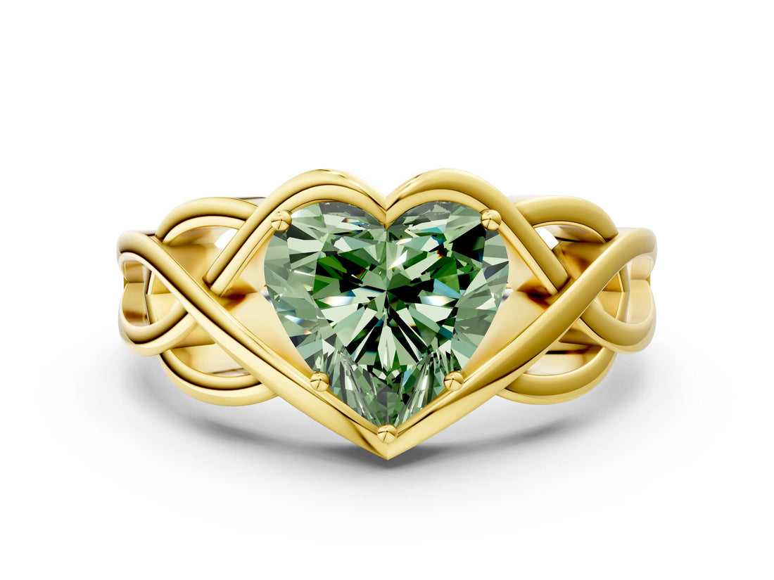 Yellow gold Fancy Green Heart Cut Solitaire Intertwined Band Prong Setting Ring