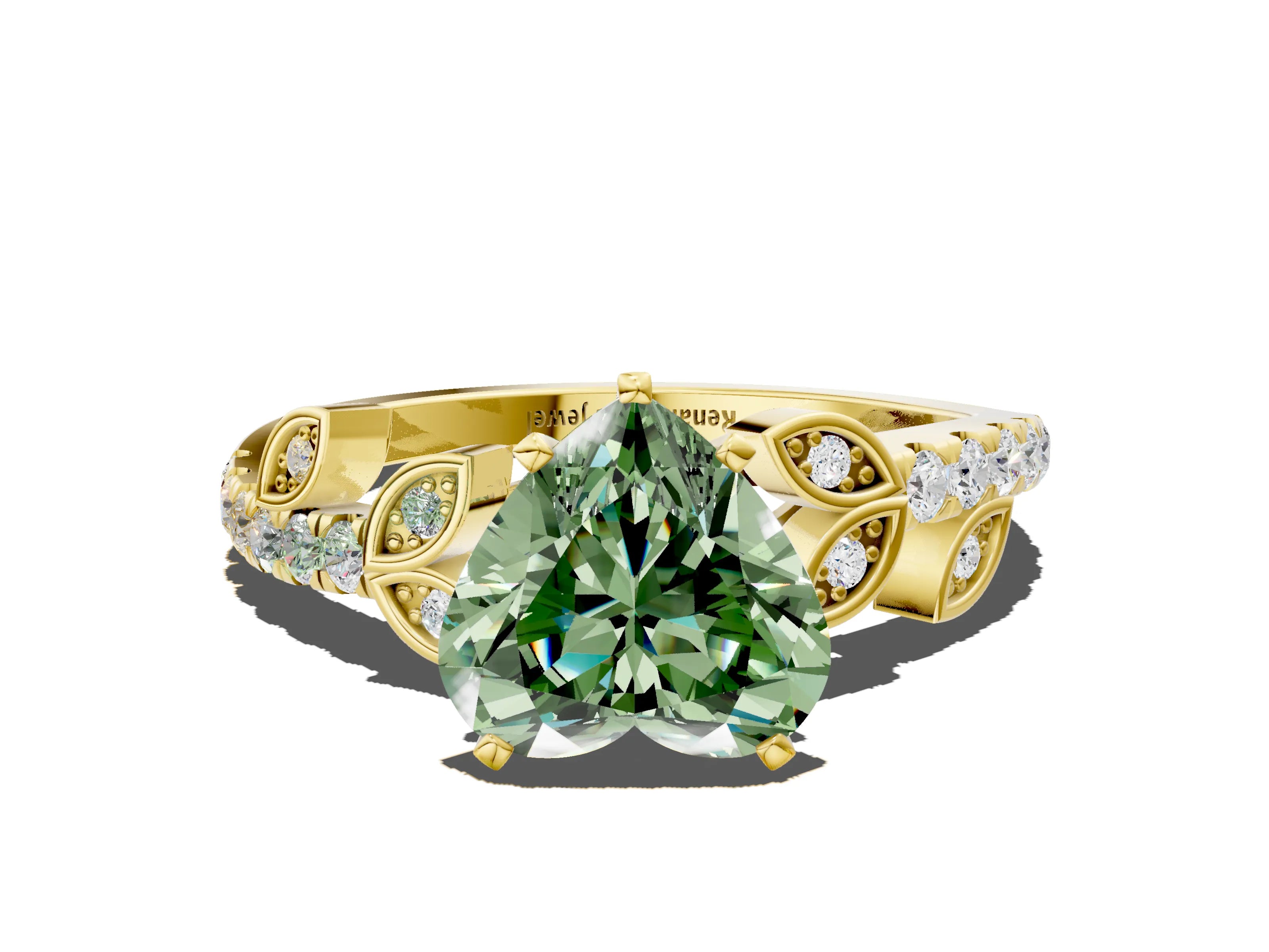 Yellow gold Fancy Green Heart Cut Solitaire Leaf-Inspired Diamond Ring with Pavé Band and Four-Prong Setting
