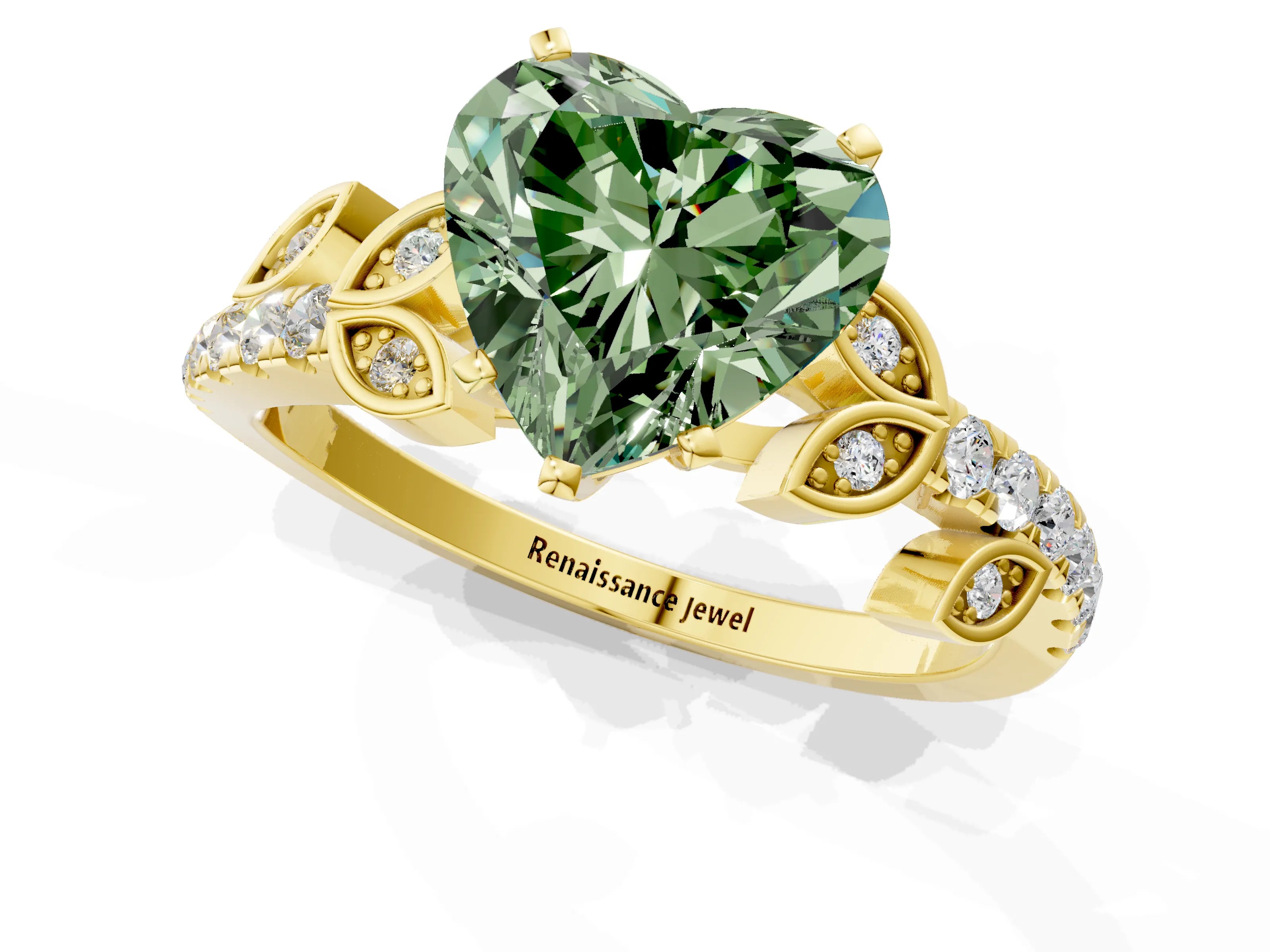 Yellow gold Fancy Green Heart Cut Solitaire Leaf-Inspired Diamond Ring with Pavé Band and Four-Prong Setting_1