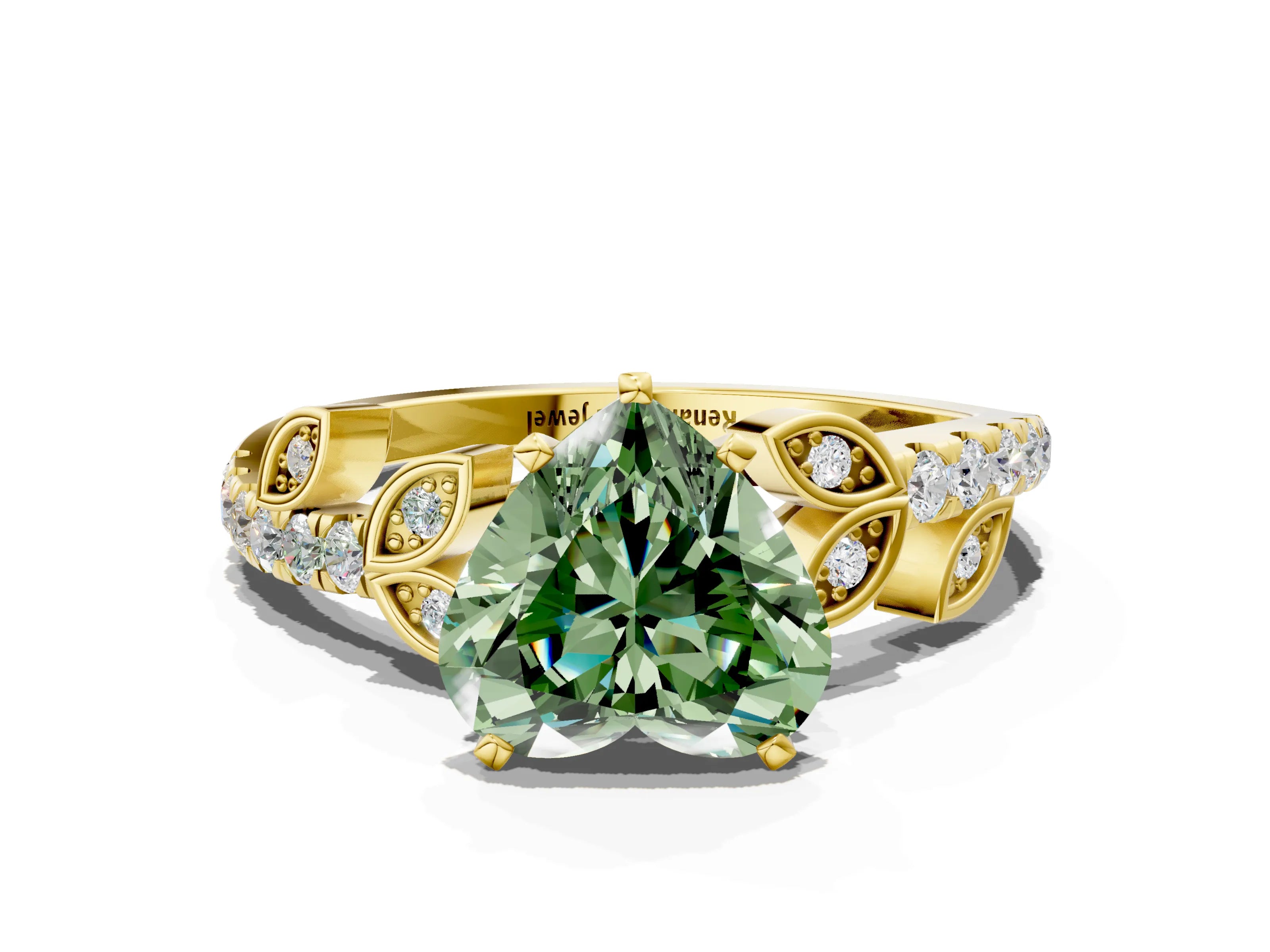 Yellow gold Fancy Green Heart Cut Solitaire Leaf-Inspired Diamond Ring with Pavé Band and Four-Prong Setting_12