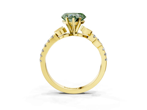 Yellow gold Fancy Green Heart Cut Solitaire Leaf-Inspired Diamond Ring with Pavé Band and Four-Prong Setting_15
