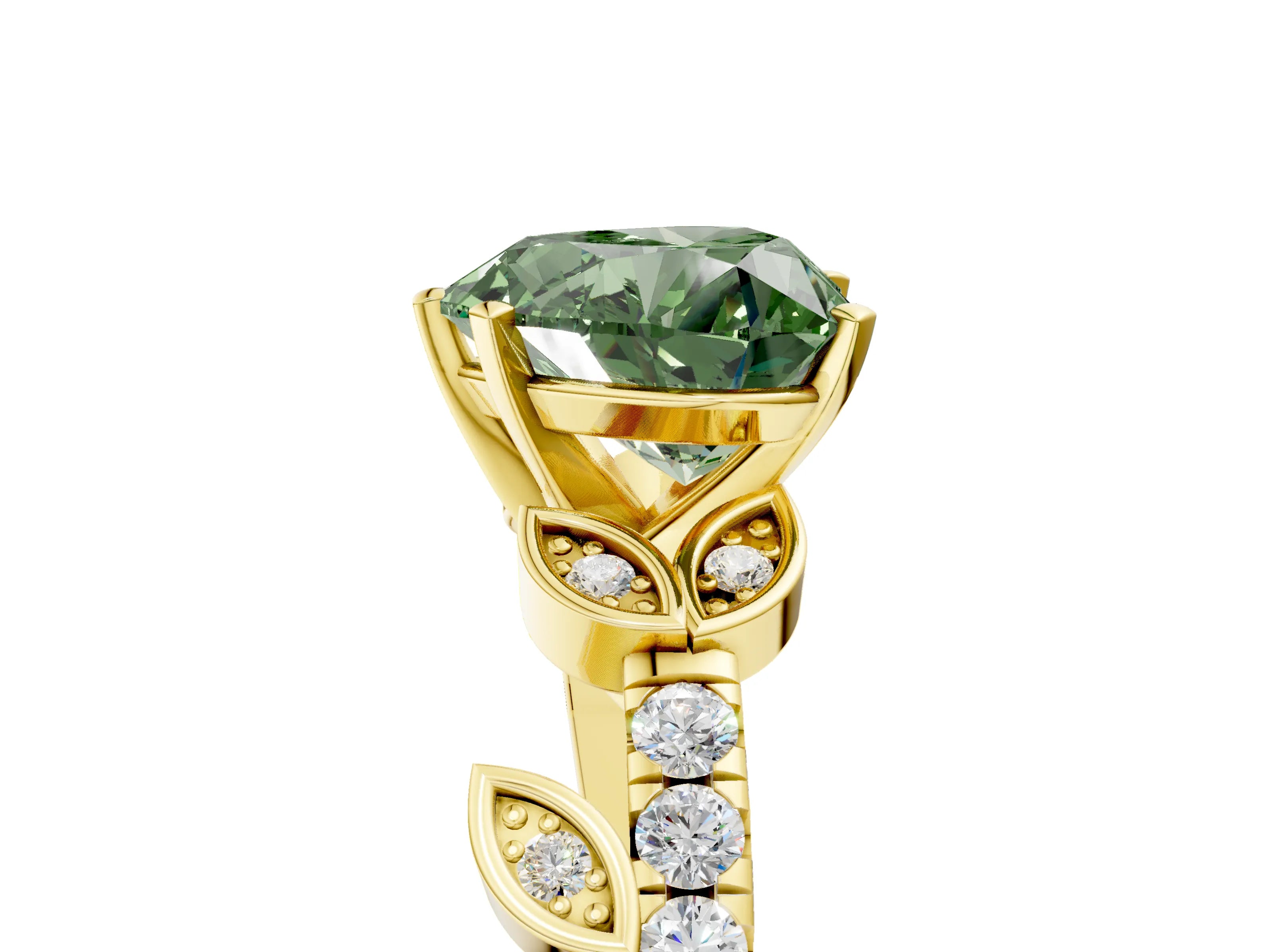 Yellow gold Fancy Green Heart Cut Solitaire Leaf-Inspired Diamond Ring with Pavé Band and Four-Prong Setting_17
