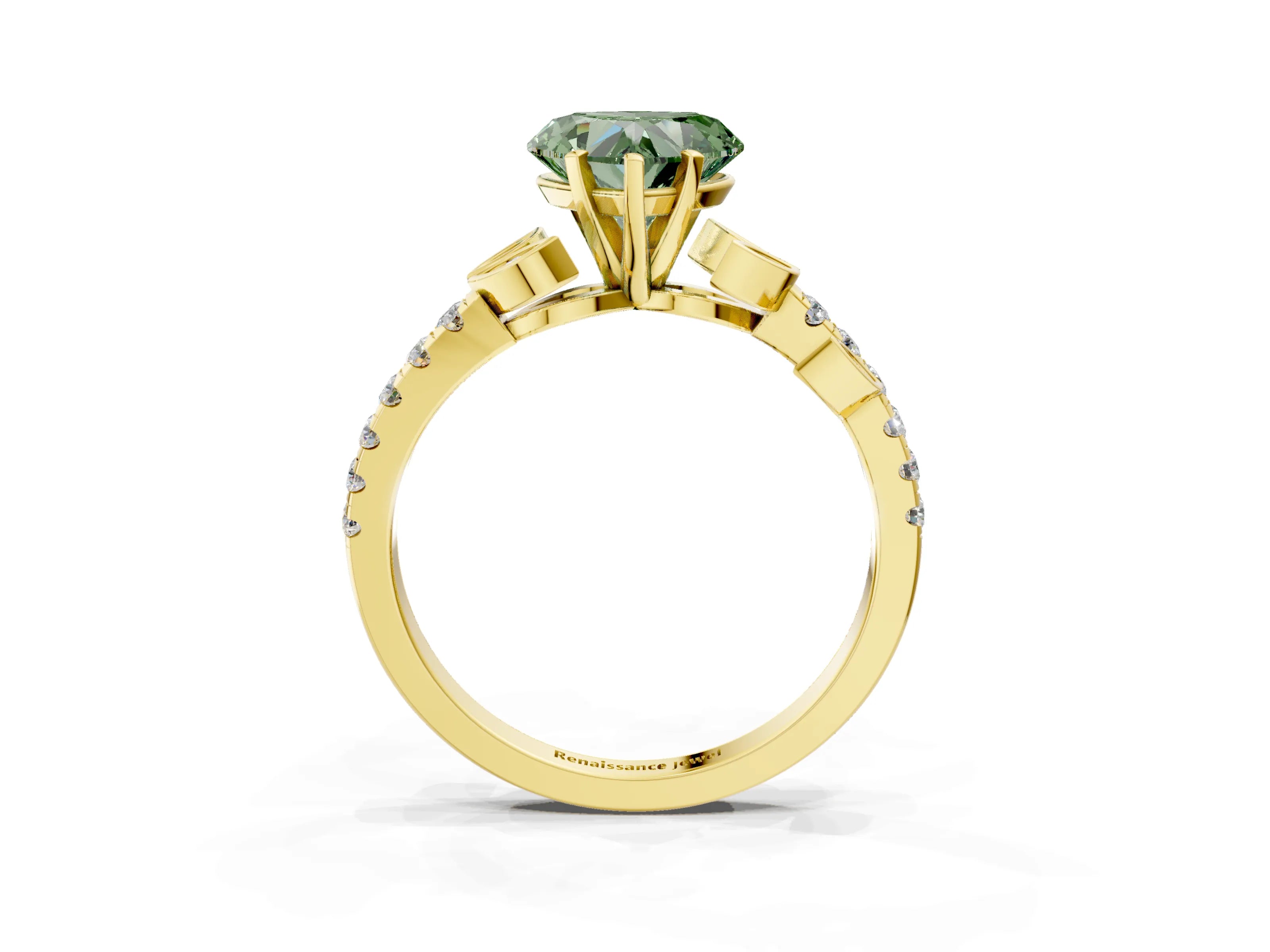 Yellow gold Fancy Green Heart Cut Solitaire Leaf-Inspired Diamond Ring with Pavé Band and Four-Prong Setting_3