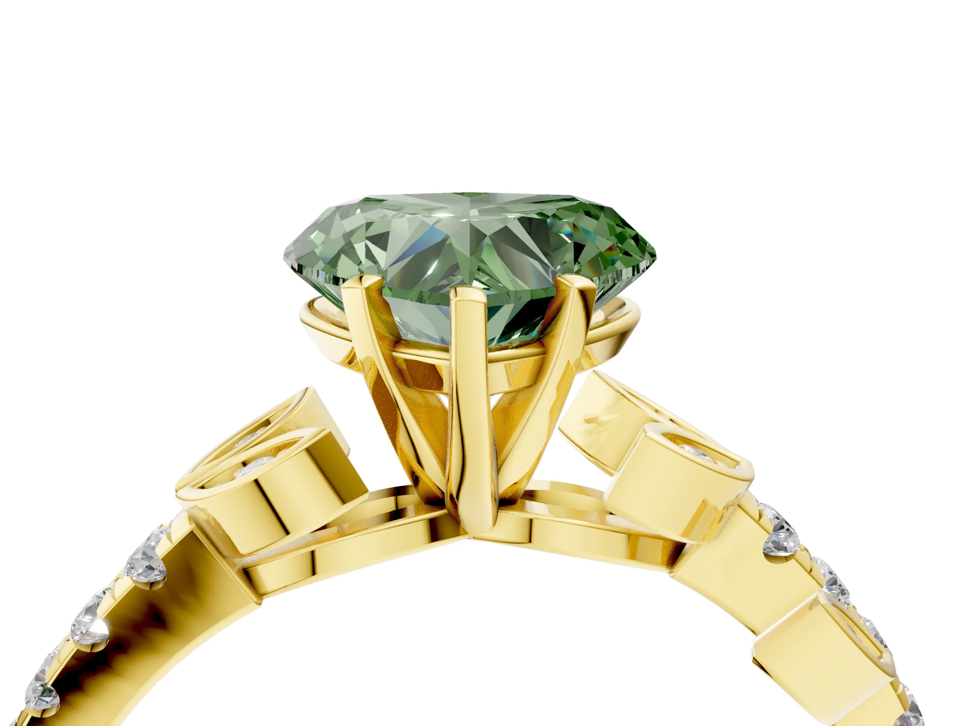 Yellow gold Fancy Green Heart Cut Solitaire Leaf-Inspired Diamond Ring with Pavé Band and Four-Prong Setting_4