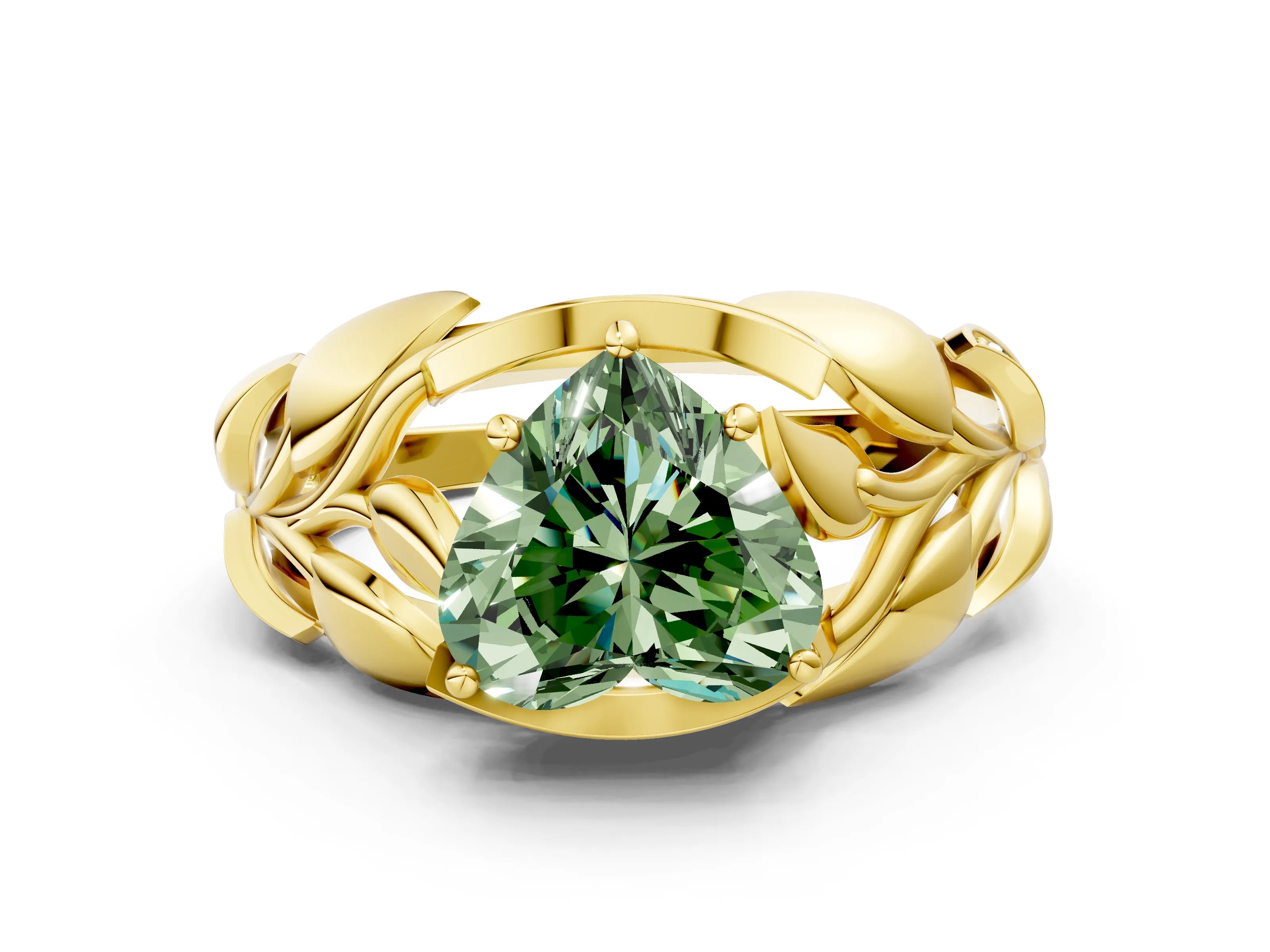 Yellow gold Fancy Green Heart Cut Solitaire Leaf-Inspired Engagement Ring with Prong Setting