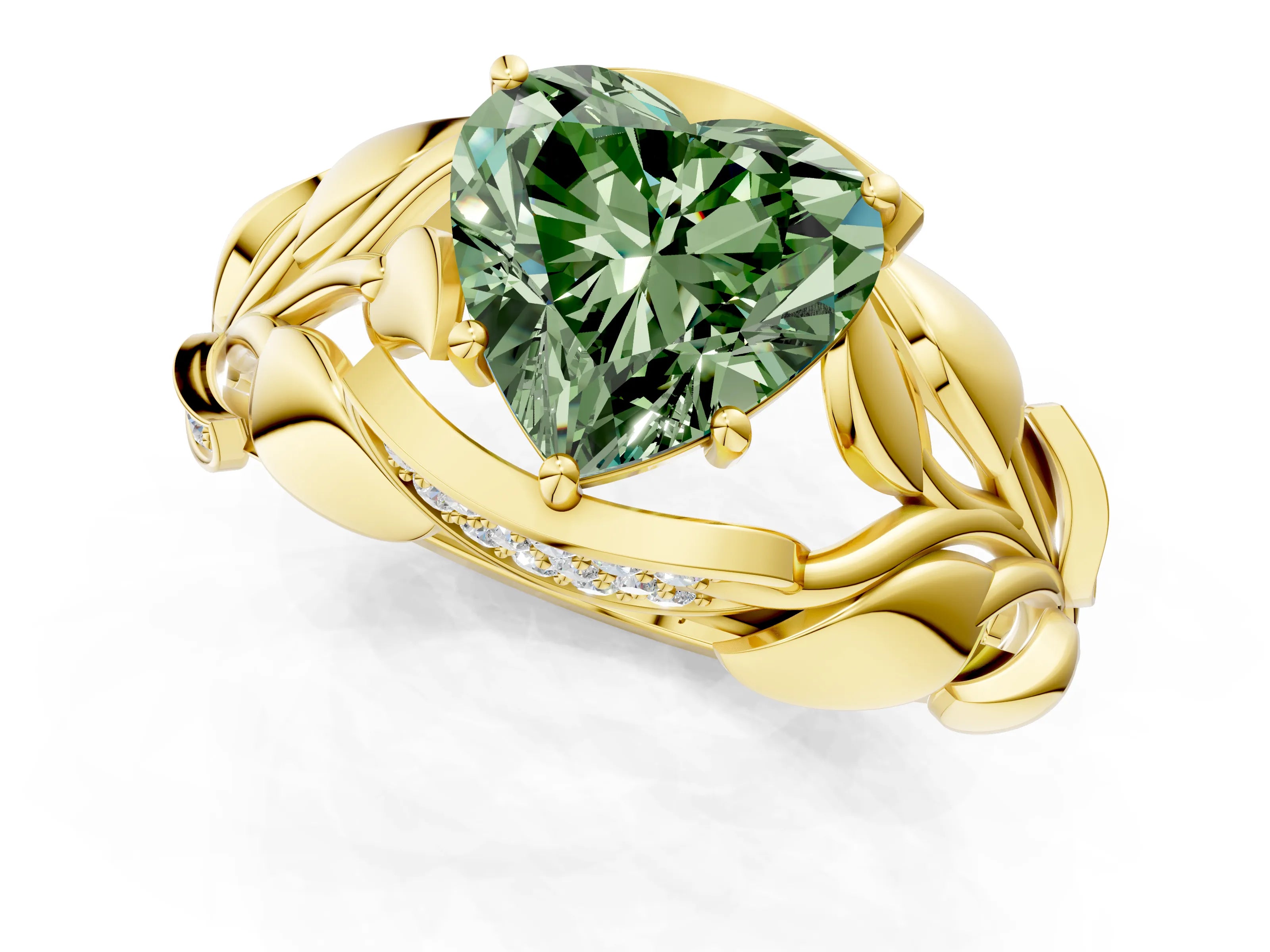 Yellow gold Fancy Green Heart Cut Solitaire Leaf-Inspired Engagement Ring with Prong Setting_1