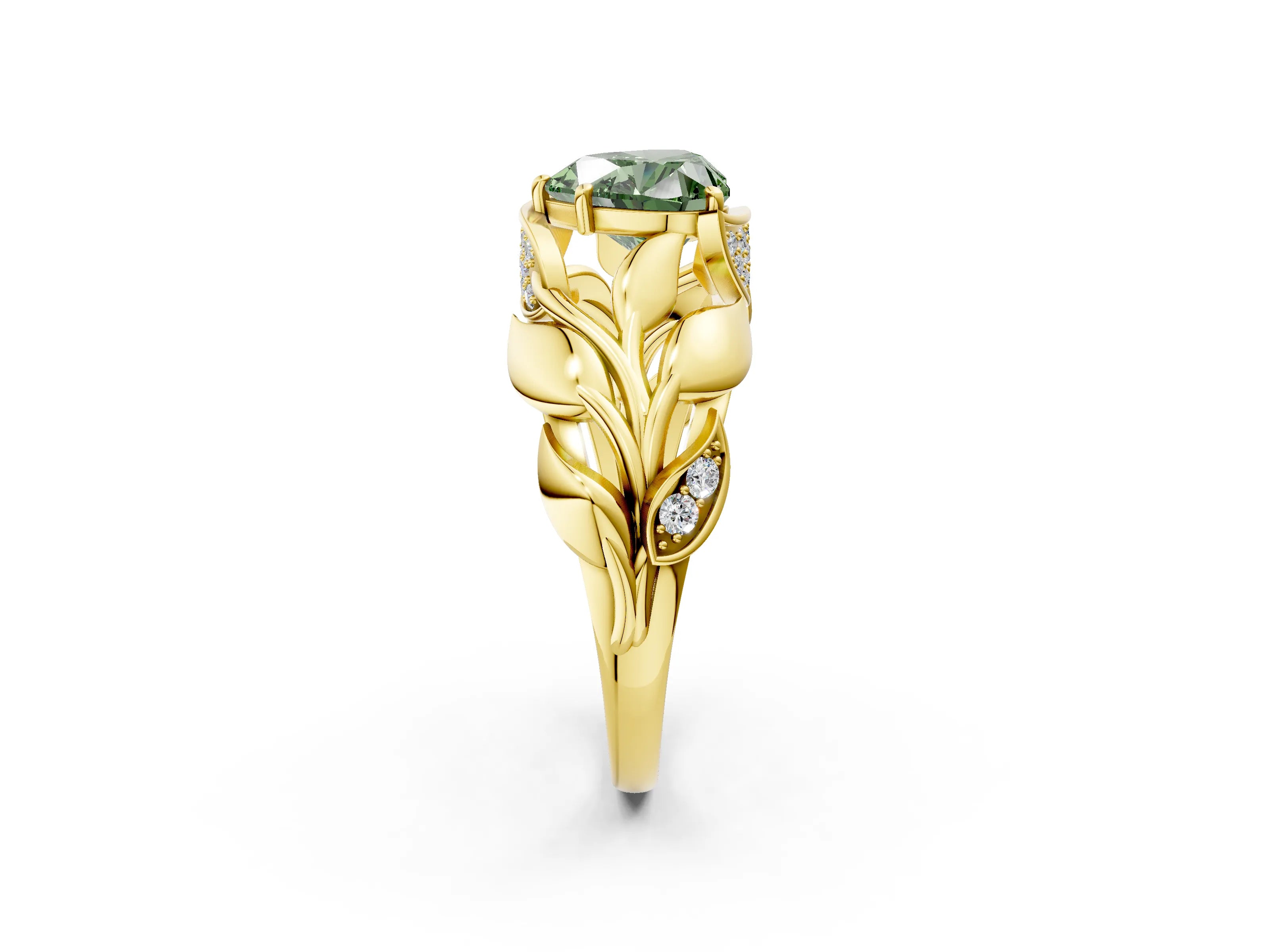 Yellow gold Fancy Green Heart Cut Solitaire Leaf-Inspired Engagement Ring with Prong Setting_2