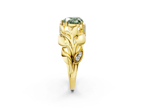 Yellow gold Fancy Green Heart Cut Solitaire Leaf-Inspired Engagement Ring with Prong Setting_2