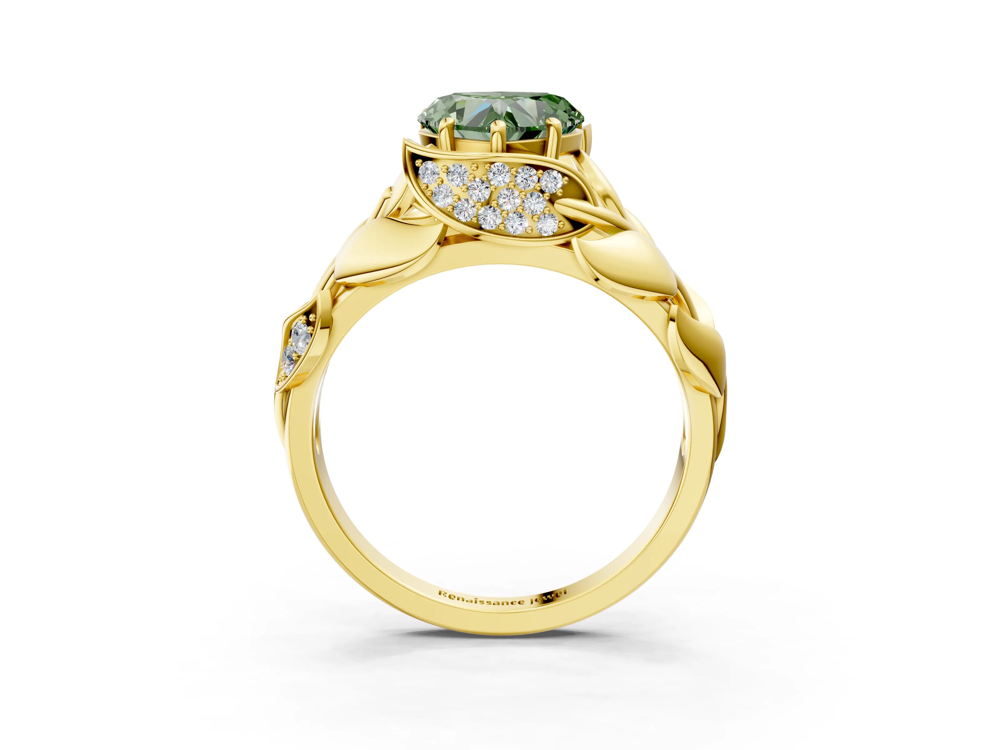 Yellow gold Fancy Green Heart Cut Solitaire Leaf-Inspired Engagement Ring with Prong Setting_3