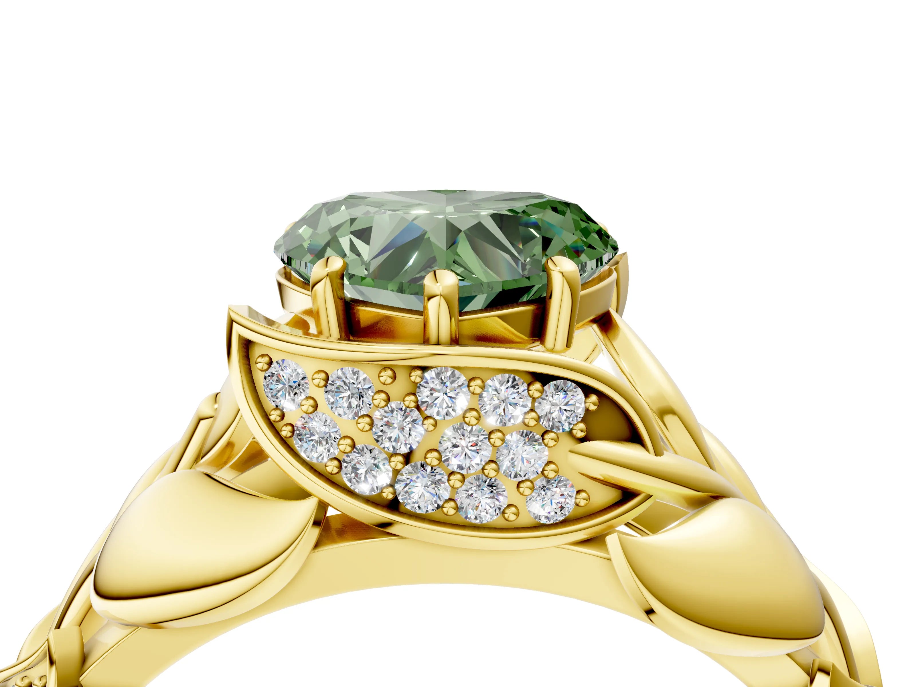 Yellow gold Fancy Green Heart Cut Solitaire Leaf-Inspired Engagement Ring with Prong Setting_4
