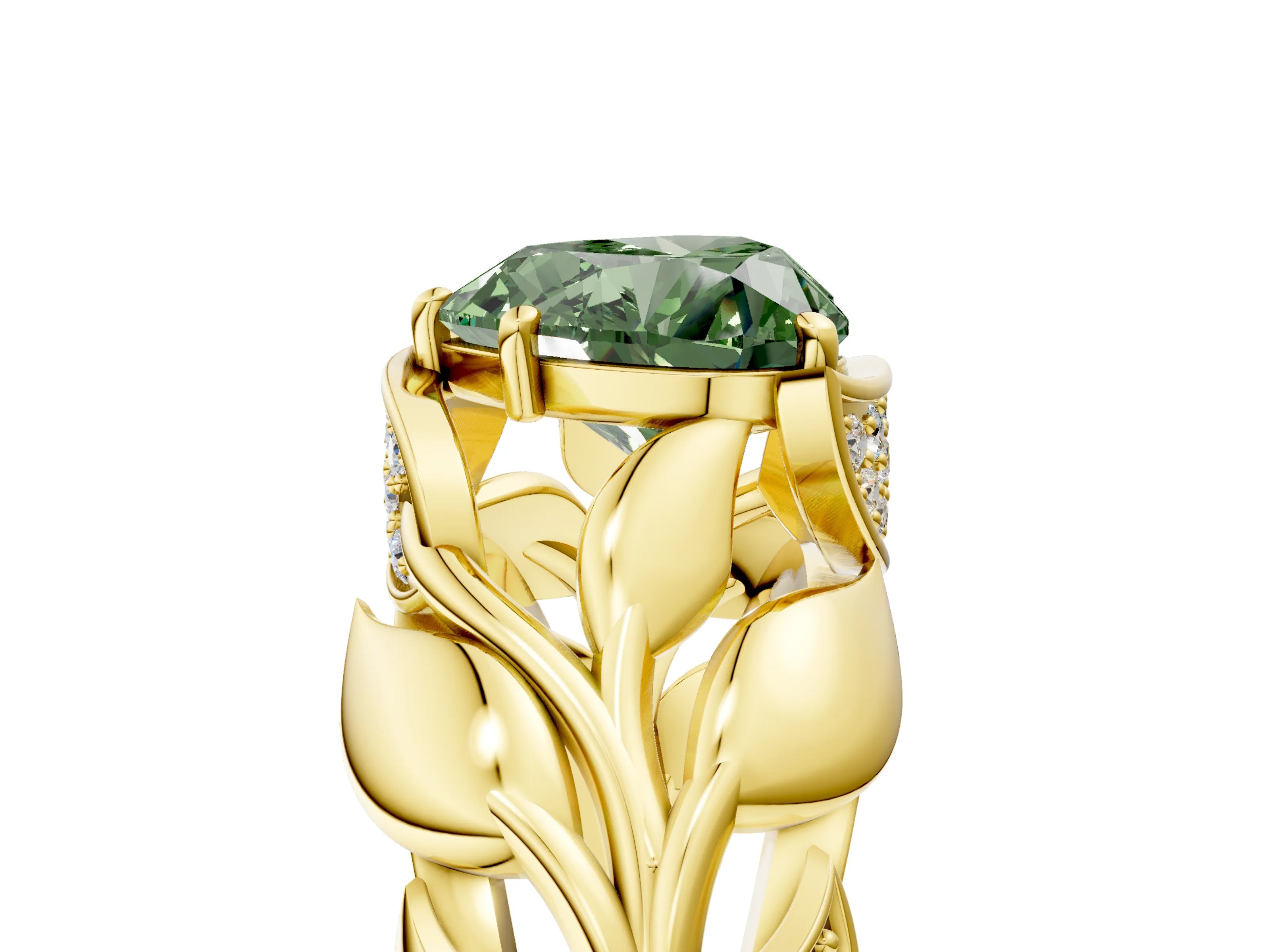 Yellow gold Fancy Green Heart Cut Solitaire Leaf-Inspired Engagement Ring with Prong Setting_5