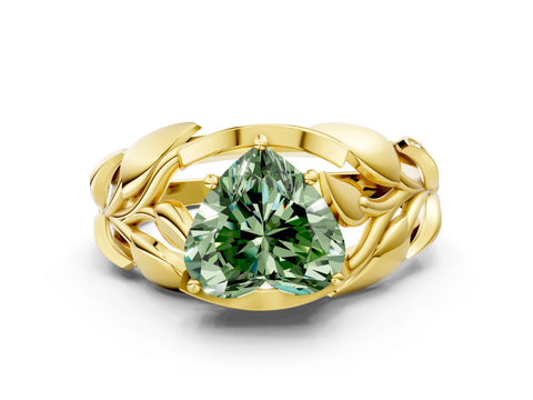 Yellow gold Fancy Green Heart Cut Solitaire Leaf-Inspired Engagement Ring with Prong Setting
