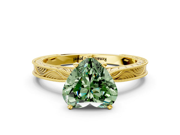 Yellow gold Fancy Green Heart Cut Solitaire Milgrain Engraved Band with Four-Prong Setting