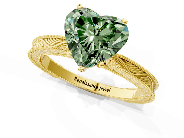 Yellow gold Fancy Green Heart Cut Solitaire Milgrain Engraved Band with Four-Prong Setting