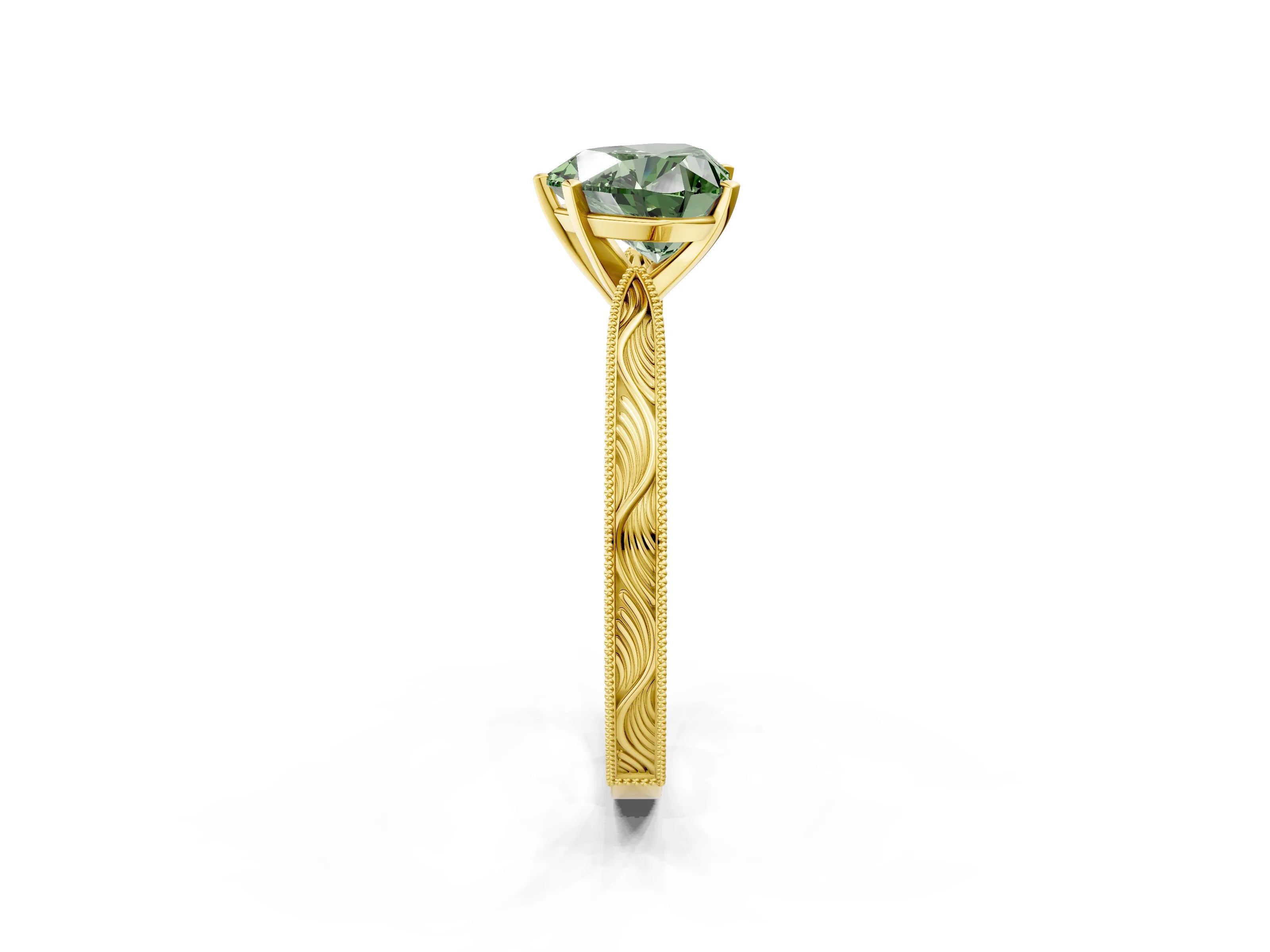 Yellow gold Fancy Green Heart Cut Solitaire Milgrain Engraved Band with Four-Prong Setting_2