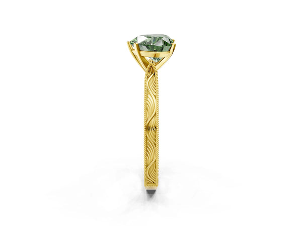 Yellow gold Fancy Green Heart Cut Solitaire Milgrain Engraved Band with Four-Prong Setting