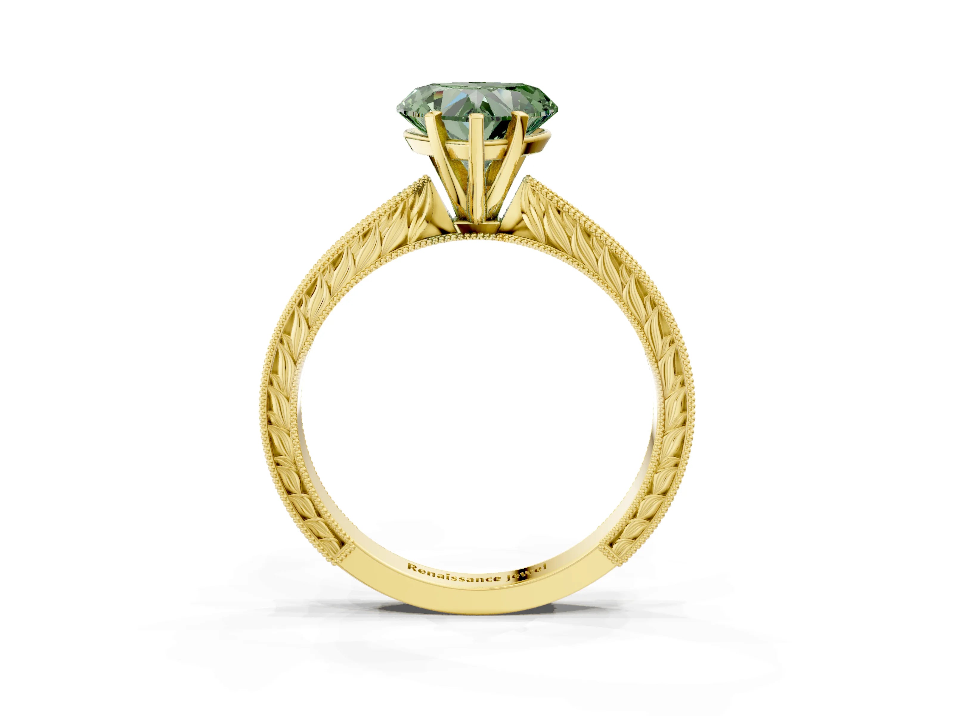 Yellow gold Fancy Green Heart Cut Solitaire Milgrain Engraved Band with Four-Prong Setting_3